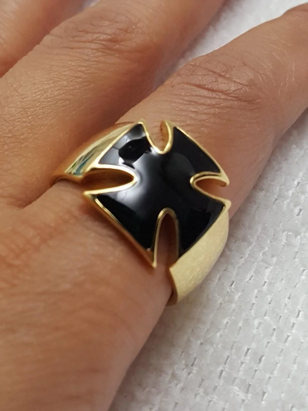 Gold Tone Black Cross Signet Ring - Size 8
